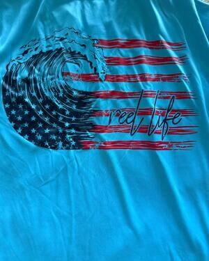 Reel Life Sun Defender UPF 50+ Fishing Shirt Medium Blue American Flag Wave Tee